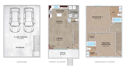 A floor plan of a house with a garage, first floor, and second floor.
